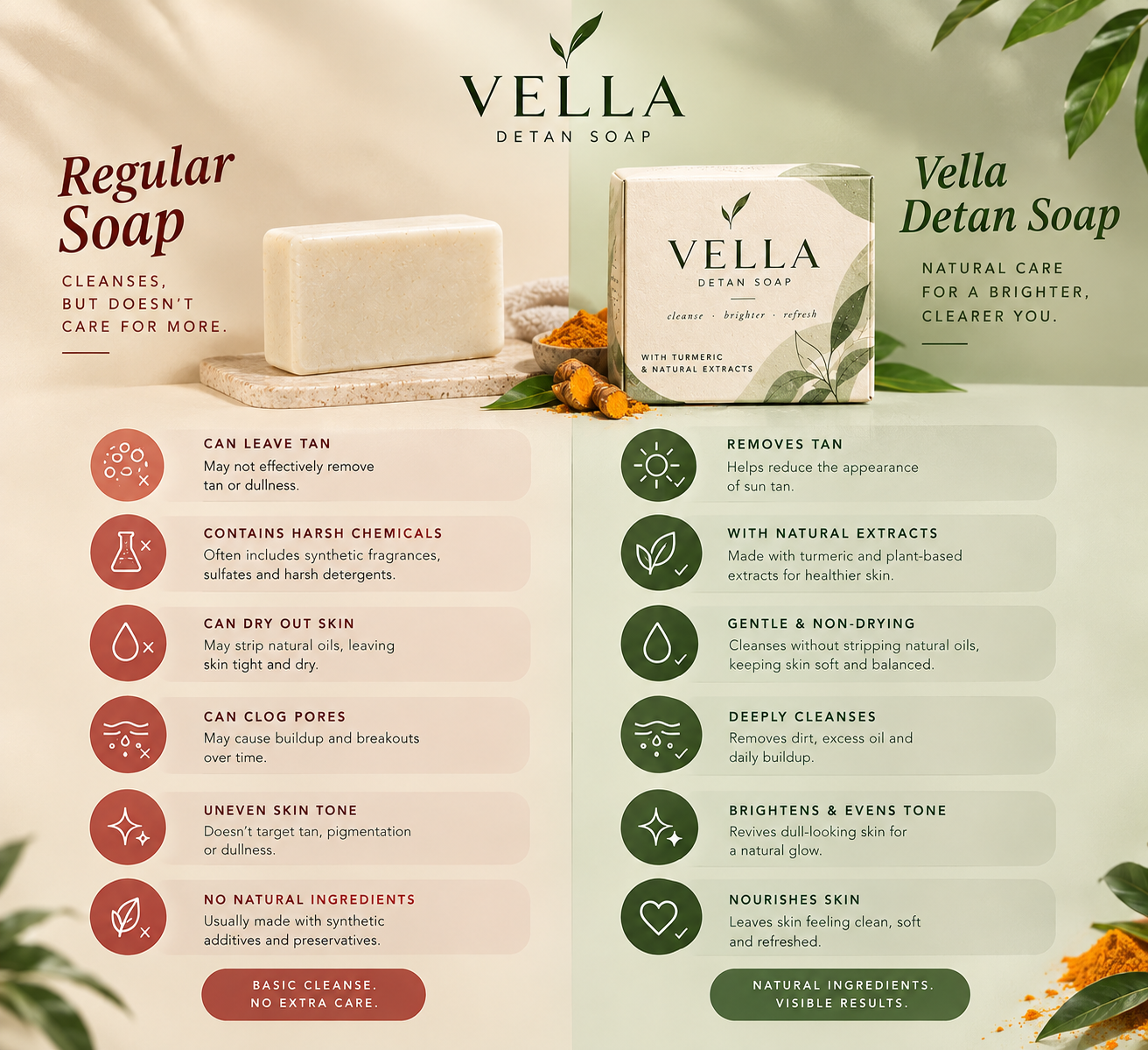 Regular soap versus VELLA Detan Soap across six points, from leaving tan behind to removing tan, brightening and nourishing skin.